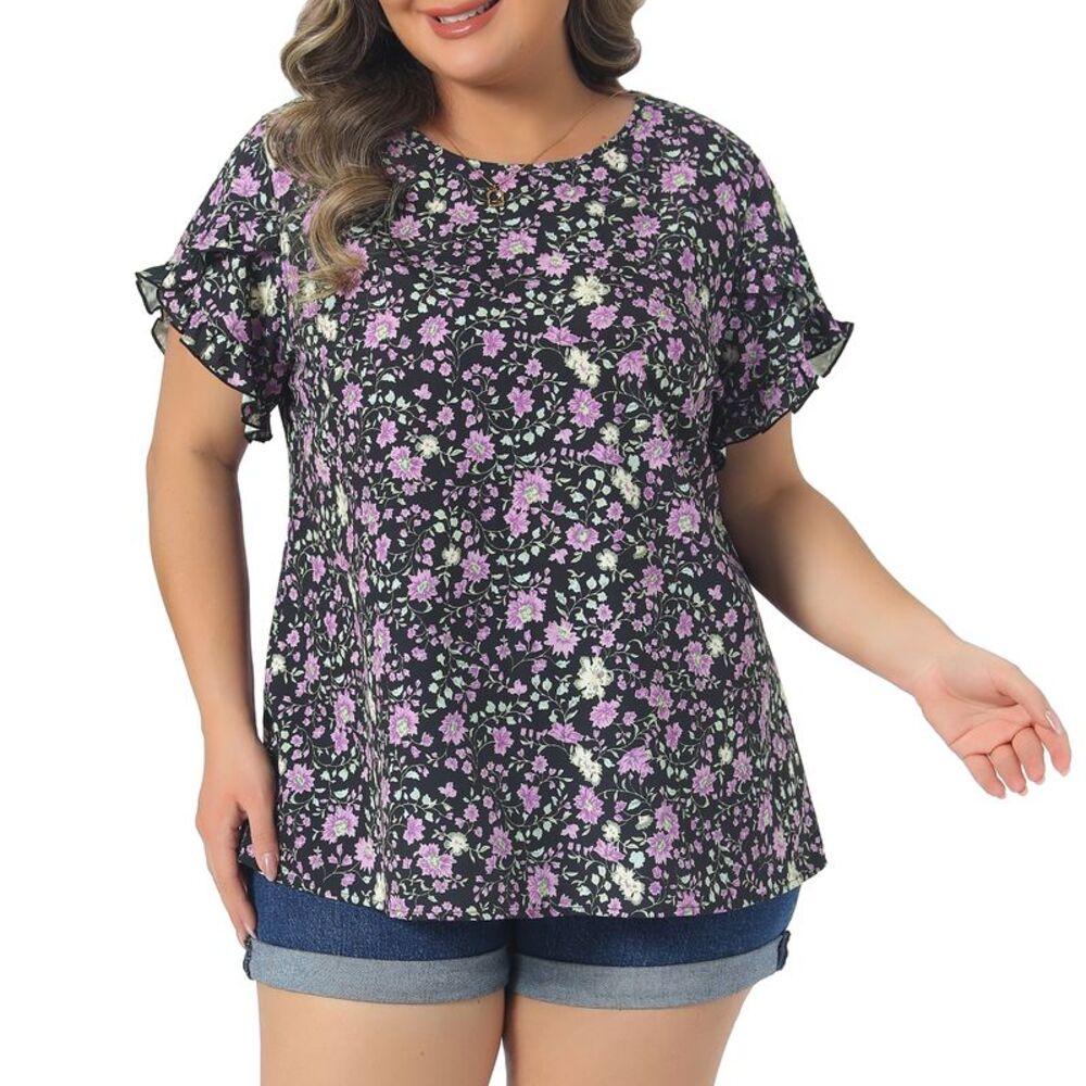 Women Plus Size Tulip Sleeve Crew Neck Floral Tops Black